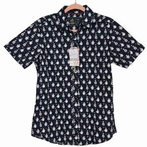 NWT MENS RUGBY UNIVERSITY CHRISTMAS NOVELTY BUTTON UP SHIRT GNOMES SNOWMEN SZ S